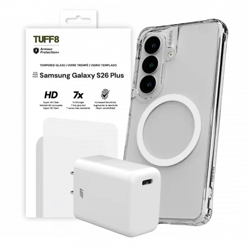 LBT 45W Charge & Protect Bundle Includes: TUFF8 Clear Mag Case, Screen Protector & 45W Wall Charger for Samsung Galaxy S26+