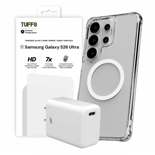 LBT 45W Charge & Protect Bundle Includes: TUFF8 Clear Mag Case, Screen Protector & 45W Wall Charger for Samsung Galaxy S26 Ultra