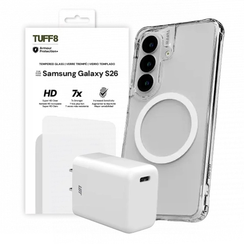 LBT 45W Charge & Protect Bundle Includes: TUFF8 Clear Mag Case, Screen Protector & 45W Wall Charger for Samsung Galaxy S26